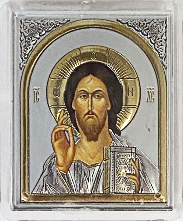 Икона настольная "Спаситель", пластик, риза зол.-сер.