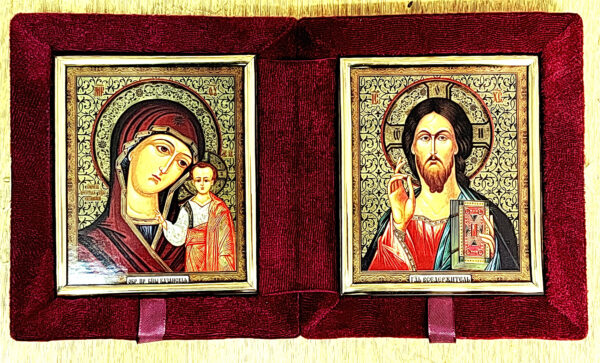 Складень бархат с ликами Казанская и Спаситель, в ассортименте
